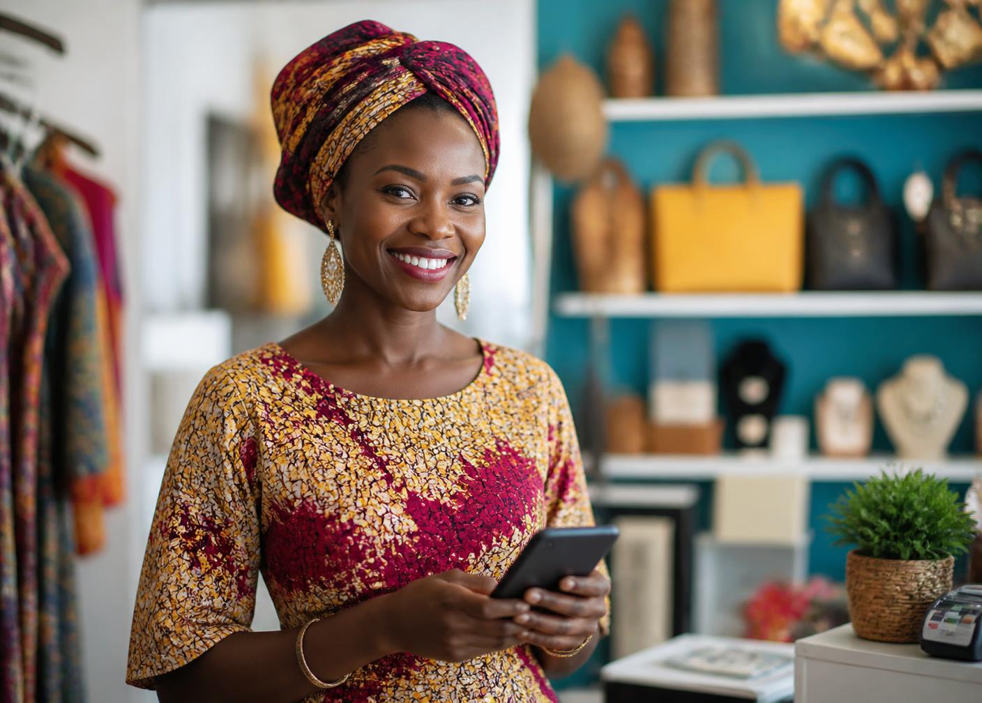 Commerçante sénégalaise souriante utilisant KASO sur son téléphone dans sa boutique